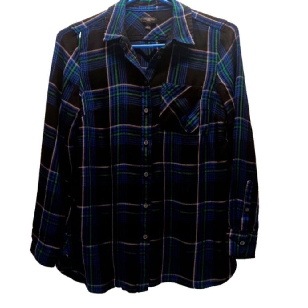 Talbots Button Down Size SP Blue /Green Plaid Long Sleeve Top Rayon Super Soft